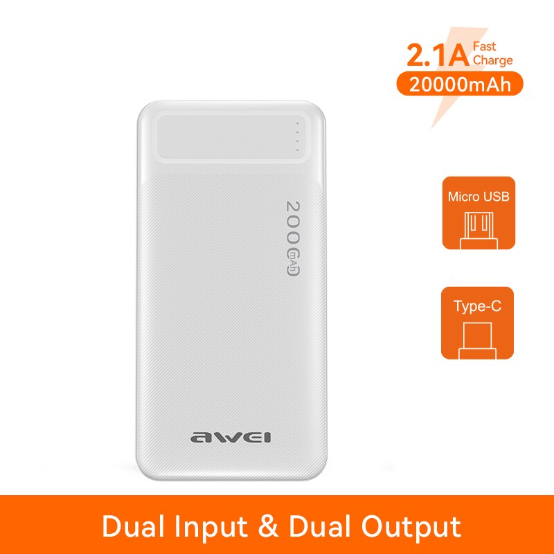 Awei P6K 20000Mah Draagbare Power Bank Dual Type A Usb A En Type C Micro Dual Input Snelle Lading voor Werk Reizen Voor Mobiele Telefoon: White