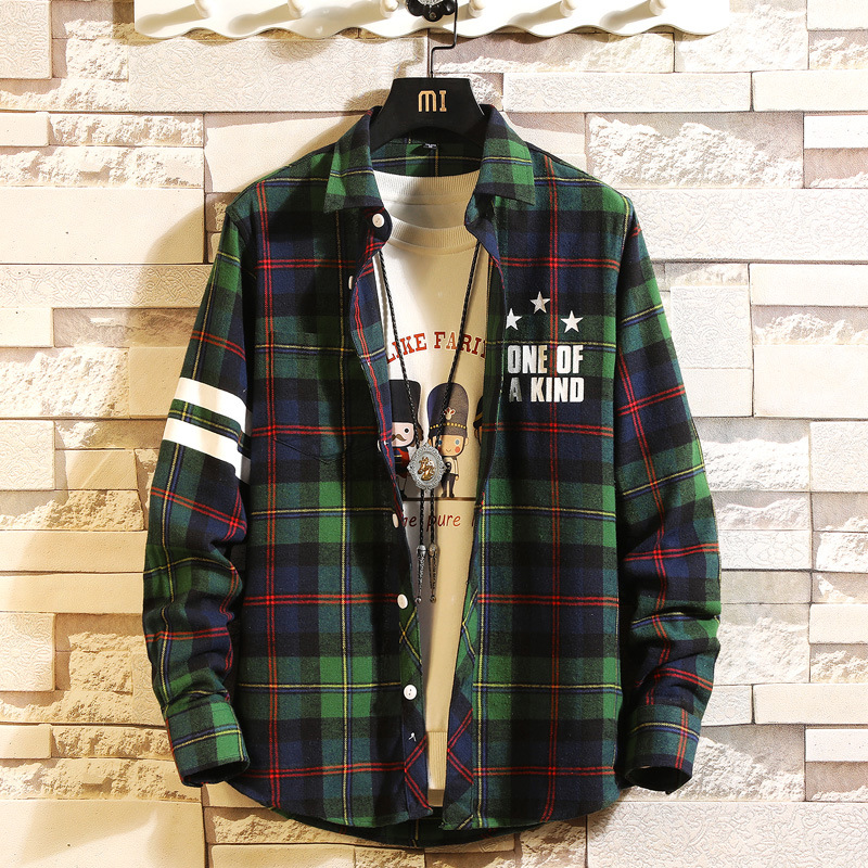 Rutig herr långärmad skjorta lös japansk streetwear punk ledig vår höst plus asiatisk storlek m -5xl