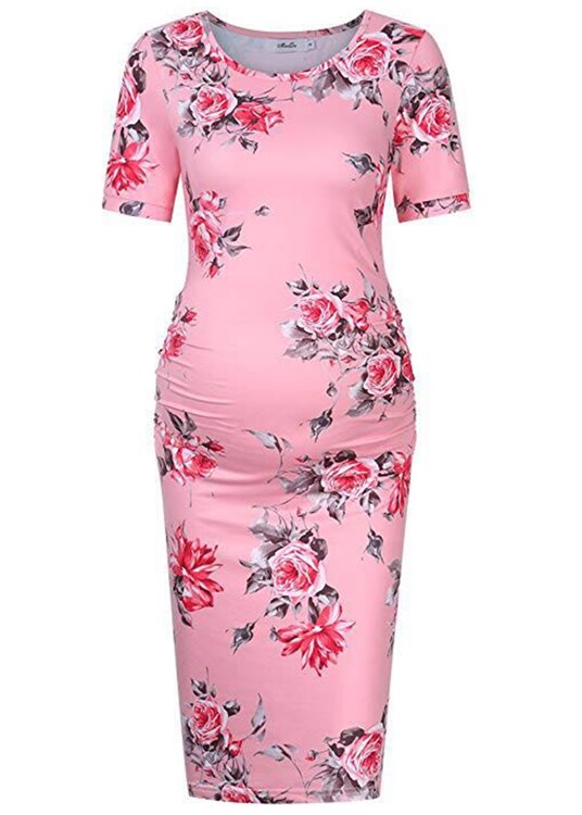 Summer Casual Women Short Sleeve Pregnant Maternity Dress Knee Length Flower Maternity Clothes Pregnancy Dress: Pink / M