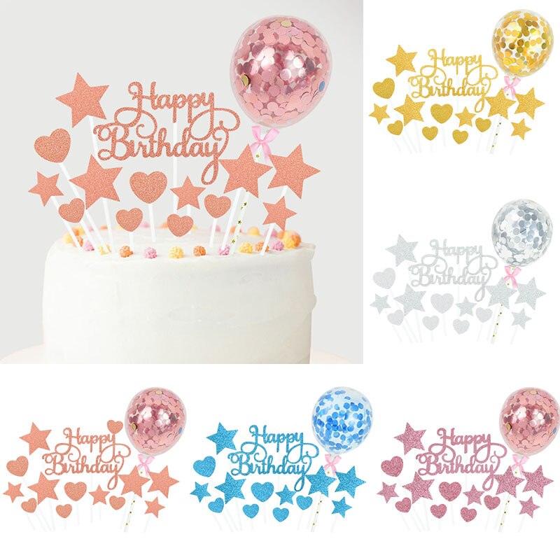 1 sæt tillykke med fødselsdagen kage topper rosa guld sølv stjerne ballon kage topper til voksne børn fødselsdagsfest dessert diy dekorationer