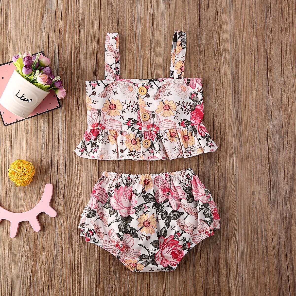 Spædbarn piger børn badedragt tøj sæt blomster print ærmeløs vest toppe + flæser shorts sommer tøj