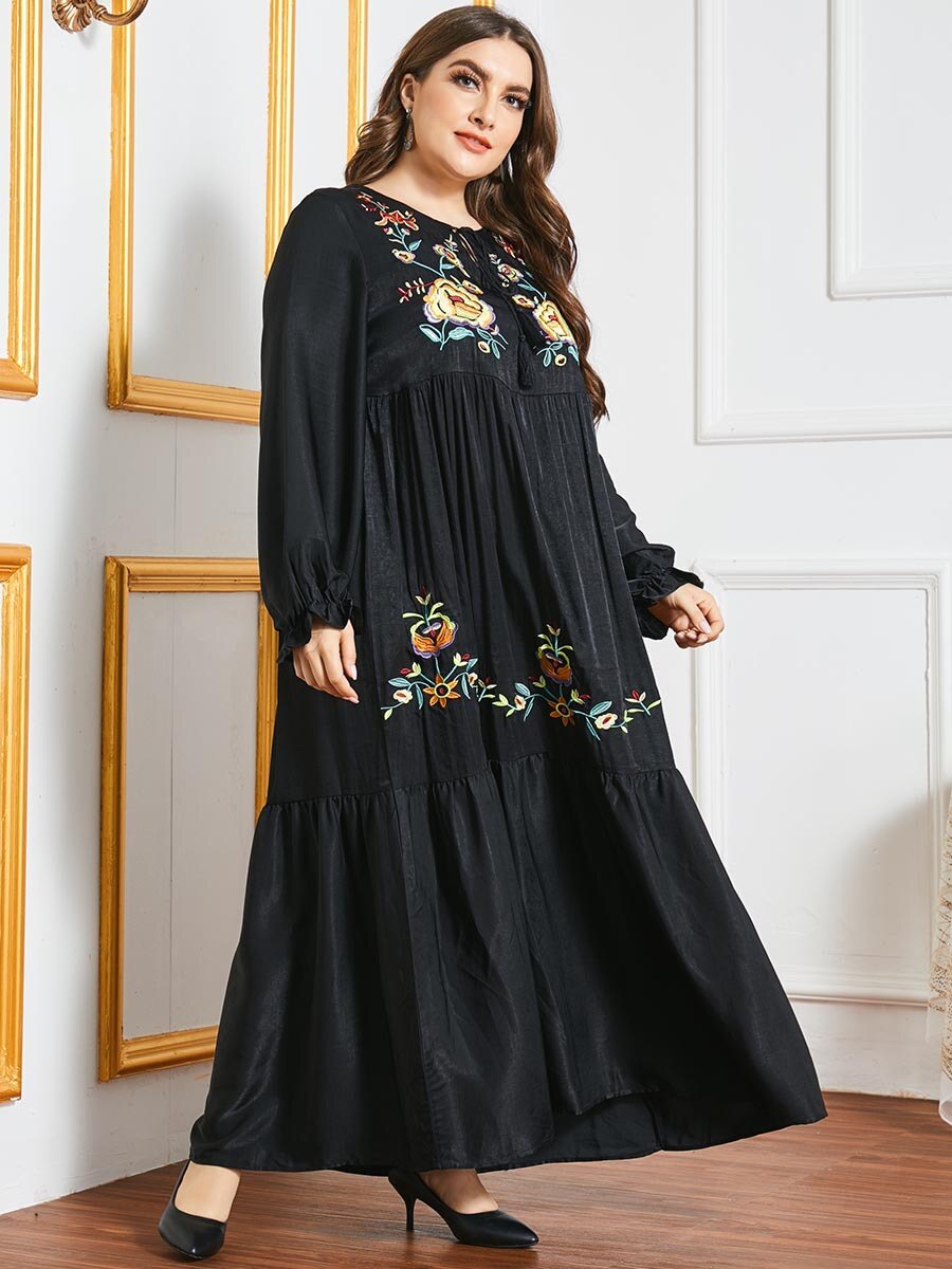 Women Floral printed Muslim Long Dress Long Sleeve Floor Length Evening Party Islamic Dress