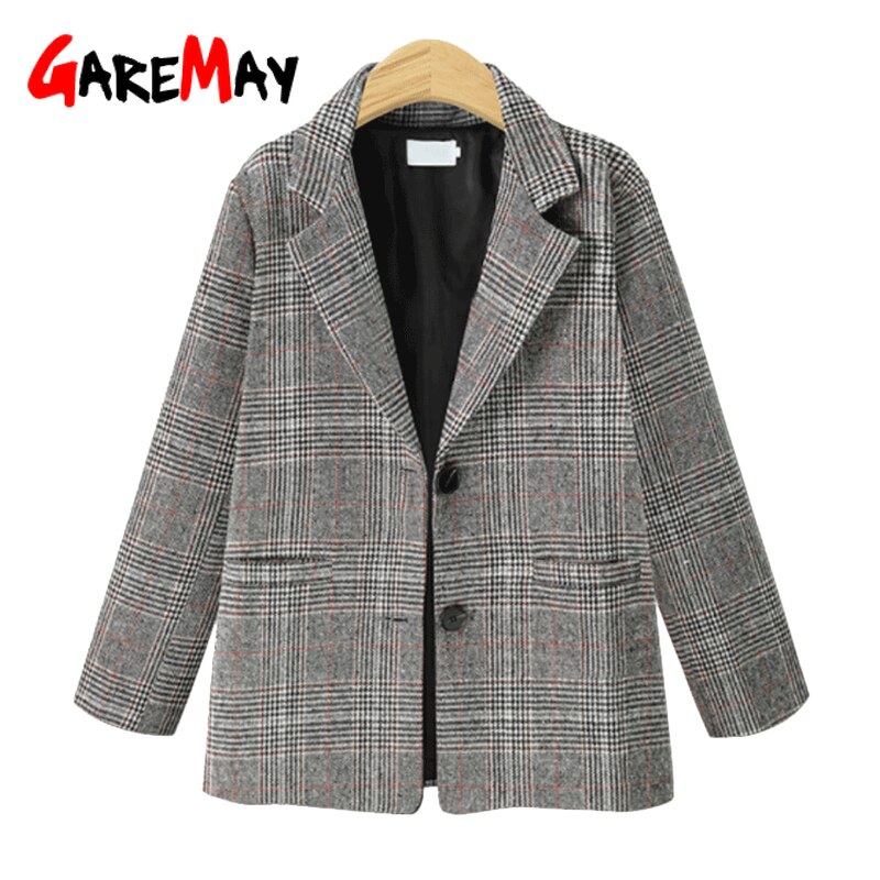 Vår vintage rutig kavaj för kvinnor tweed dam kontor dam kostymer kappa långärmad casual kavaj kavajer kvinnlig feminino