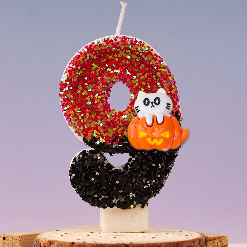 Velas de cumpleaños para niños, 1 piezas, bonito gato, calabaza, número 0-9, Festival de Halloween, vela de lentejuelas, Decoración de Pastel de 1 año: Azul oscuro