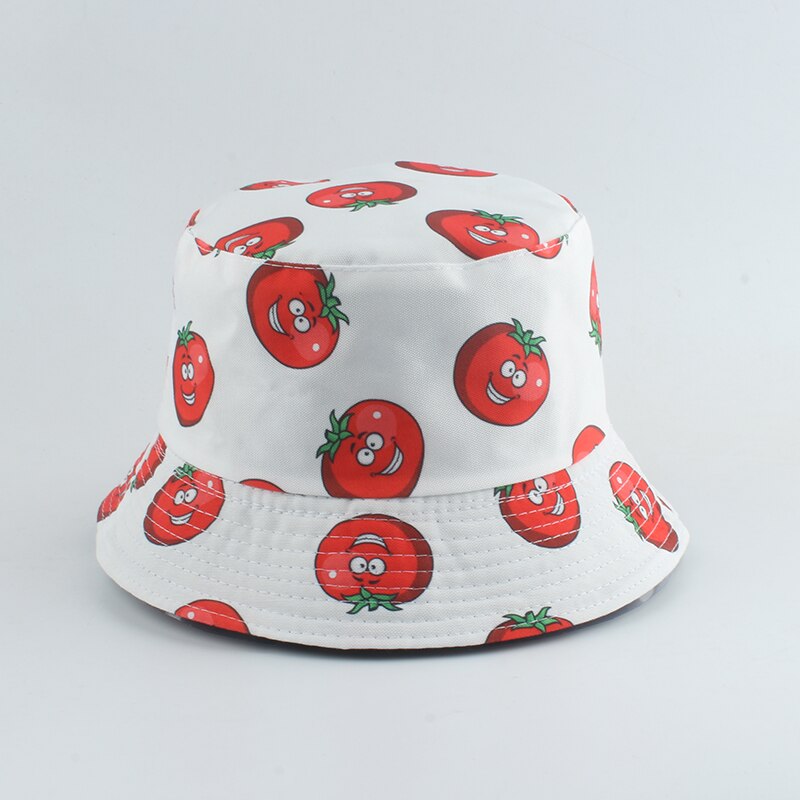 Aubergine tomat gurka peppar tryck fiskare hatt sommar solhattar för män kvinnor utomhus casual vändbar hink hatt: Tomat