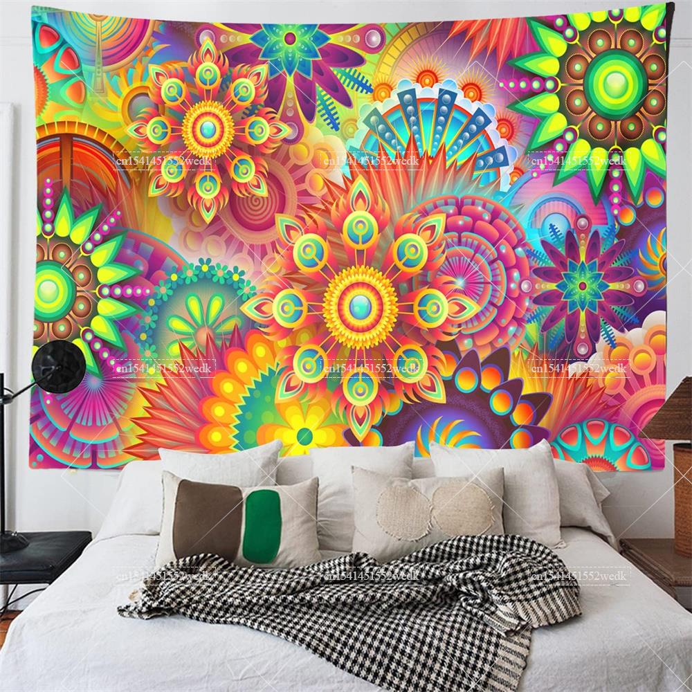 Boho Blacklight Tapestry Colorful Mandala Floral Tapestry Wall Hanging UV Reactive Aesthetic Glow In The Dark Party Backdrops