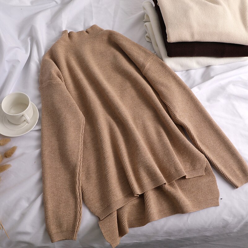 Løs sweater dame pullover afslappet rullekrave langærmet chik oversized strik sweater dame sweatere split side top