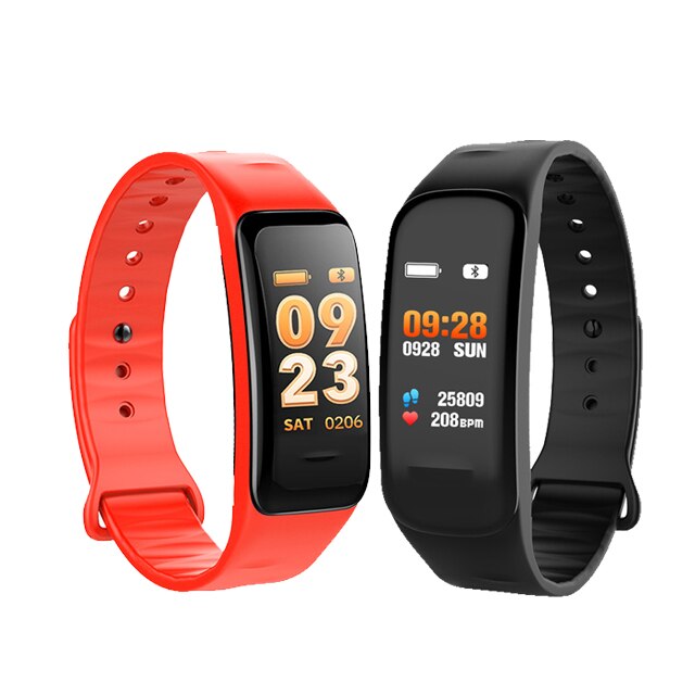 Color Screen C1S Smart Bracelet Waterproof Heart Rate Monitor Health Fitness Tracker Bluetooth Smart Watch for Sport PK MI Band4: black add red