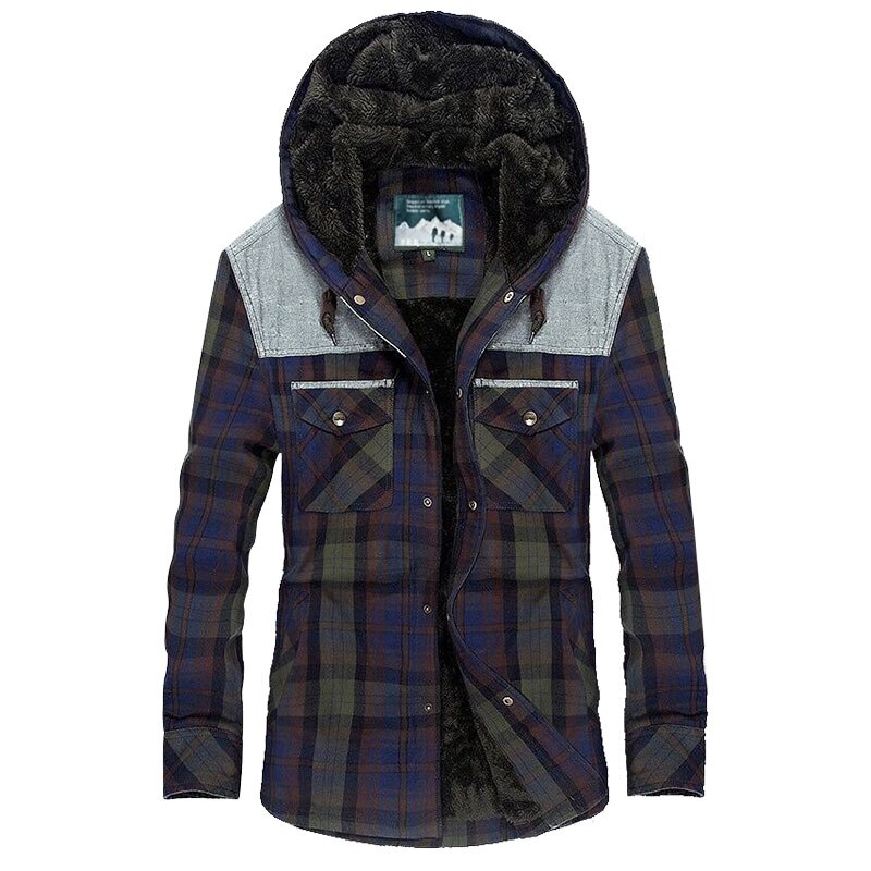 Winter Shirt Men Thick Warm Fleece Shirts Plaid Cotton Men Shirt Long Sleeve Camisa Masculina Plus Size M-XXXL Hooded Shirt Men: Green / L