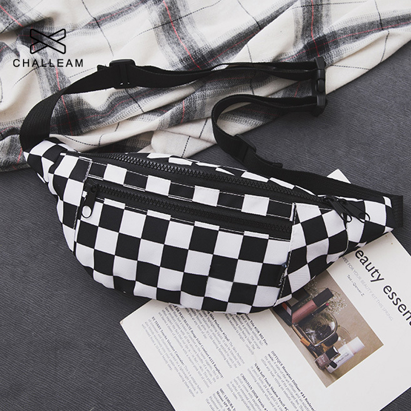 Dam rutig midjeväska kvinnlig trend canvas bröstväskor kvinna svart vit ccheckerboard fanny pack rutig midjepack  g155