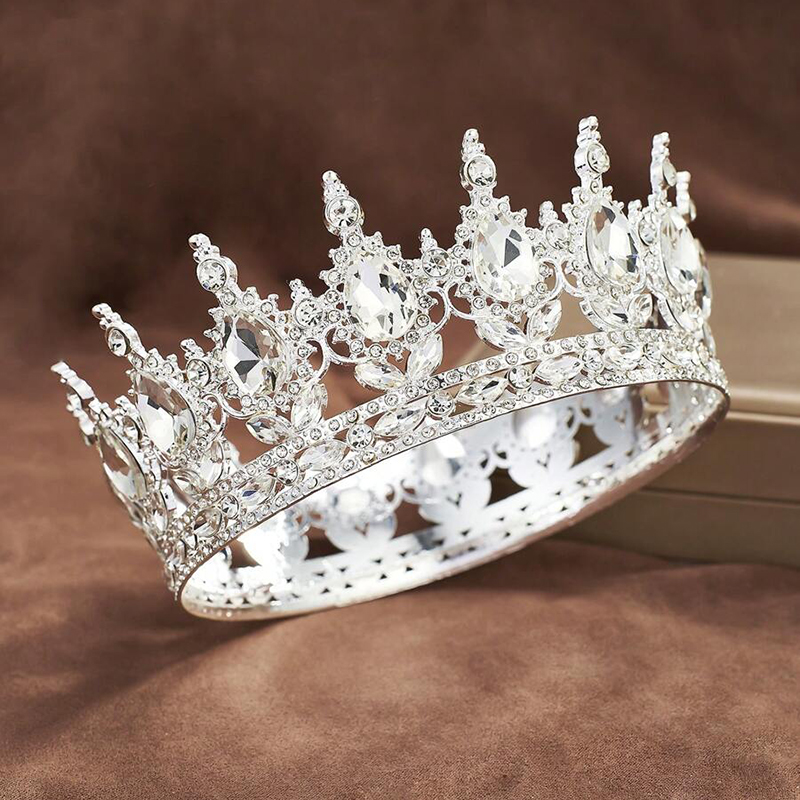 Luxury Color Baroque Queen Crown Colorful Sparkly Rhinestone Wedding Crown Bride Princess Full Round Tiaras Headband Headpieces: Antique Silver Plated