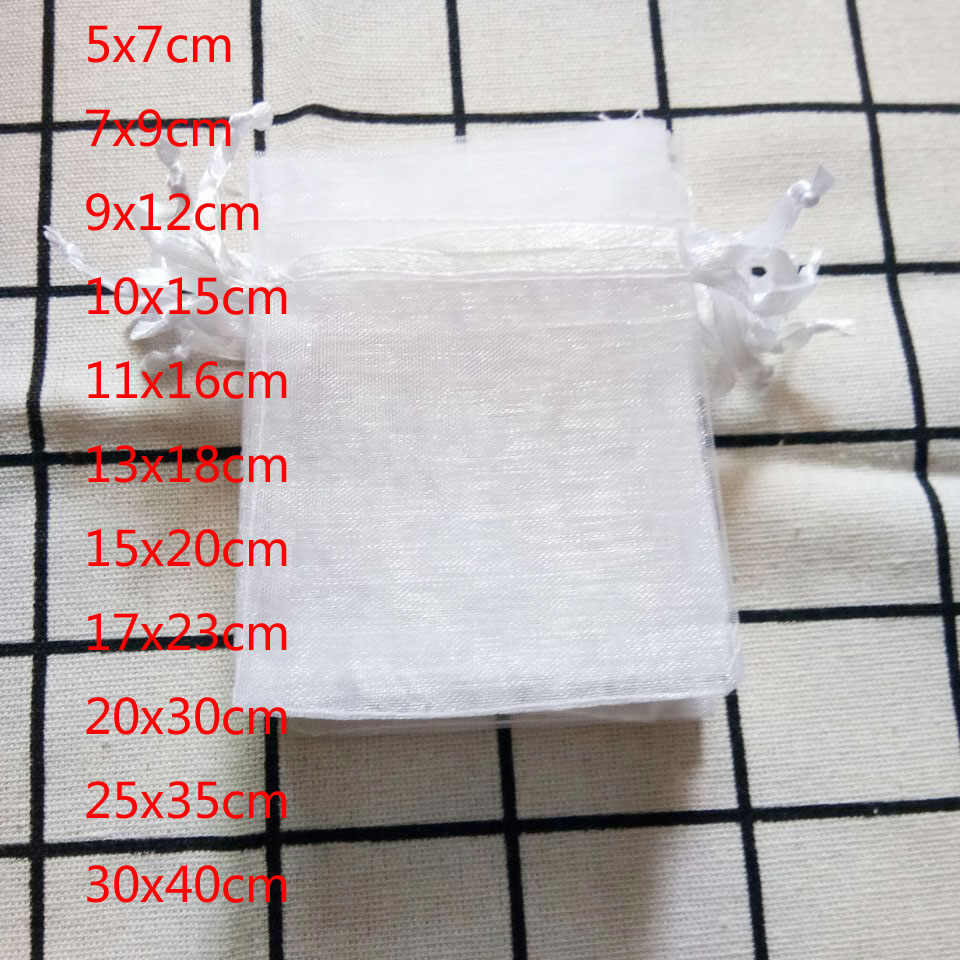 100 sztuk biały woreczki na biżuterię z organzy torba ze sznurkiem opakowanie na biżuterie wyświetlacz woreczki 7x9 9x12 10x15cm Wedding Party prezent saszetka