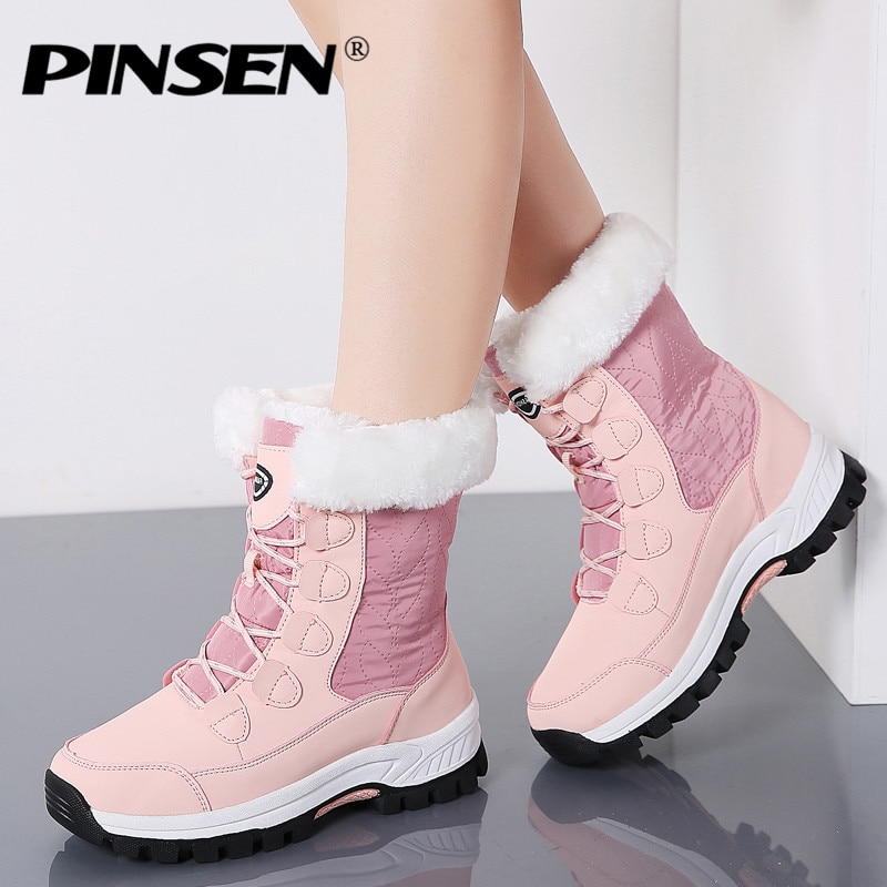 Pinsen Winter Vrouwen Snowboots Warme Push Mid-Kalf Laarzen Vrouwen Platform Vrouwelijke Lace-Up waterdicht Botas Mujer