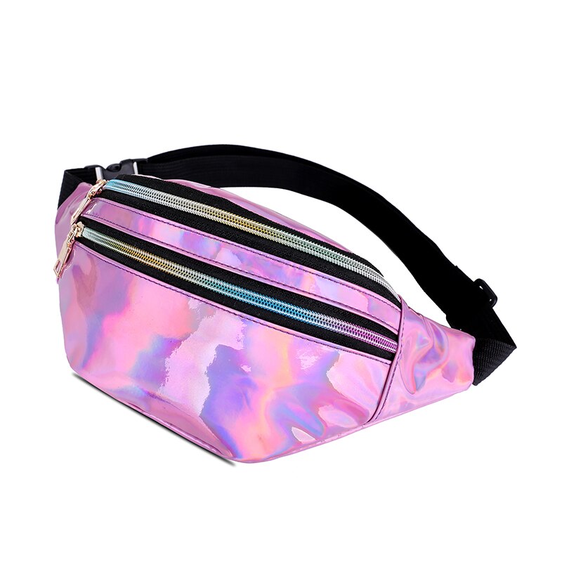 Holographic Fanny Pack Shiny Metallic Color Sport Waist Pack Belt Bum Shoulder Bags: Pink