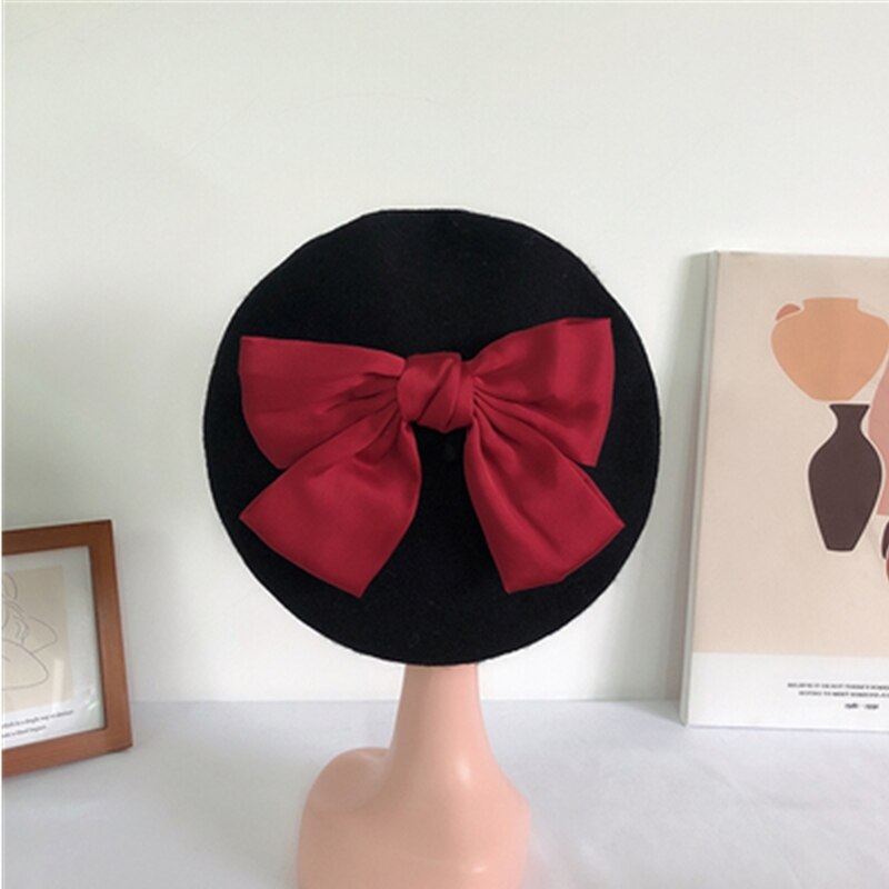 Béret en laine avec nœud papillon pour femme, chapeau avec motif de biscuits, de couleur unie, idéal pour l&#39;automne et l&#39;hiver: 03