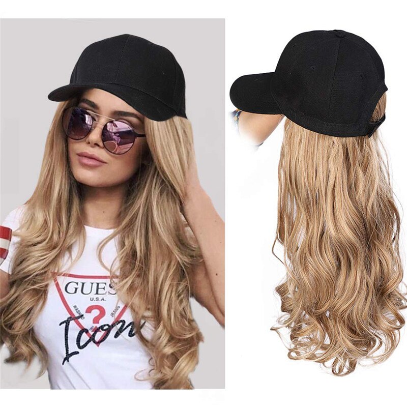 Long Synthetic Baseball Cap Hair Wig Natural Black / Brown Wavy Wigs Naturally Connect Synthetic Hat Wig Adjustable For Girl: Golden