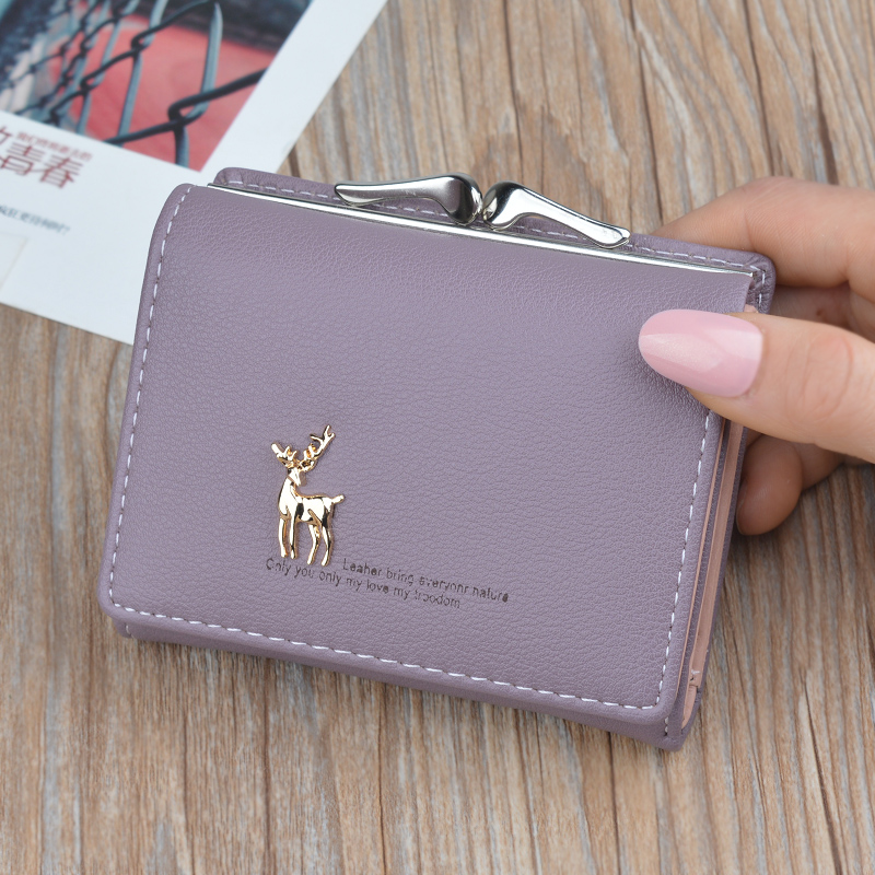 Cute Wallets Leather Women Wallets Short Wallet Student Coin Purse Card Holder Ladies Clutch Bag Small Deer Female Purse: Purple