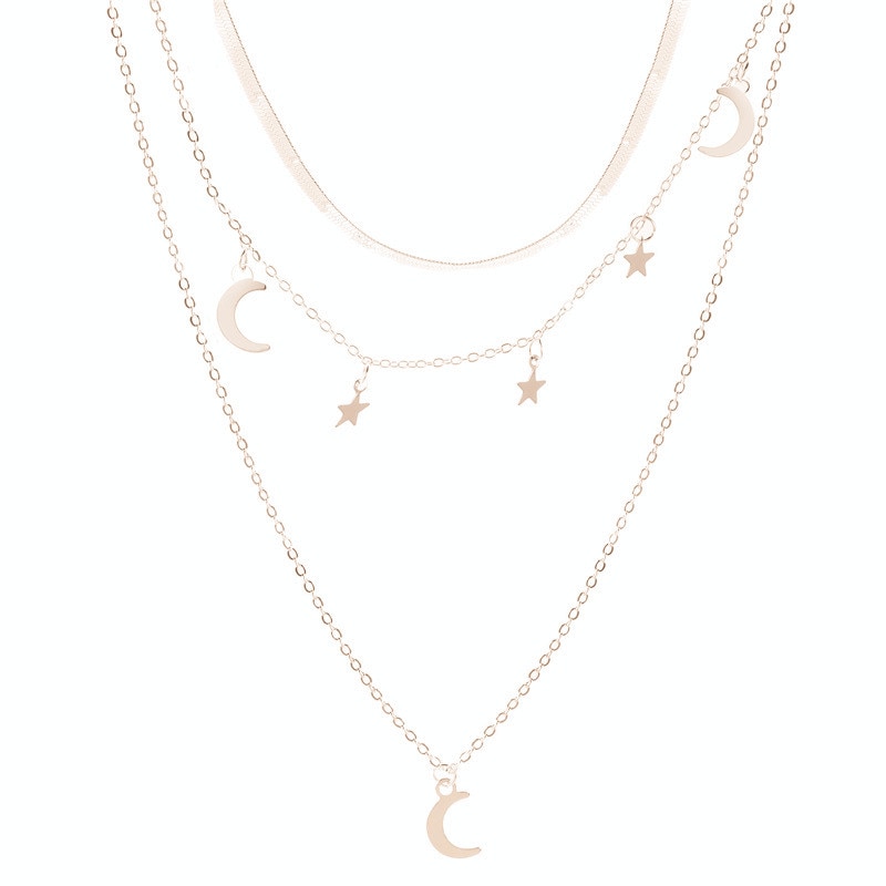 Goud Zilver Kleur Triple Gelaagde Keten Ketting Vrouwen Sieraden Star Moon Tassel Snake Chain Choker Ketting Maan Hanger Sieraden