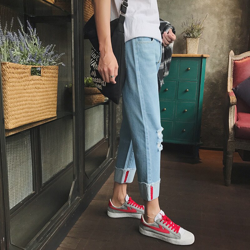 Ripped Hole Denim Cowboy Pants For Men Korean Slim Feet Male Jeans Beggar Youth Man Clothes Hip Hop Jeans