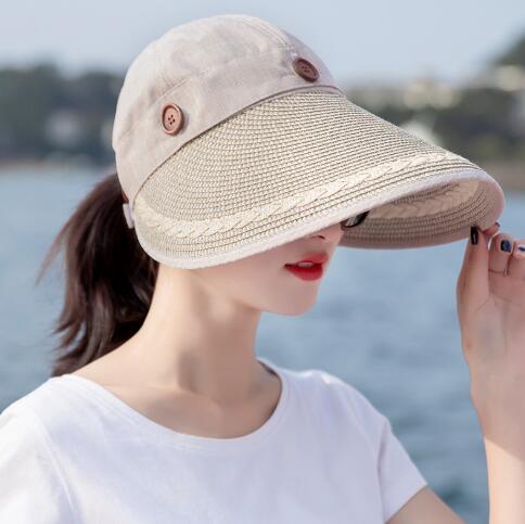 Solhatte kvinder stor bred skygge floppy sommer strand solhat kasket knap stråhat sommerhatte til kvinder anti-uv visir: Farve 7