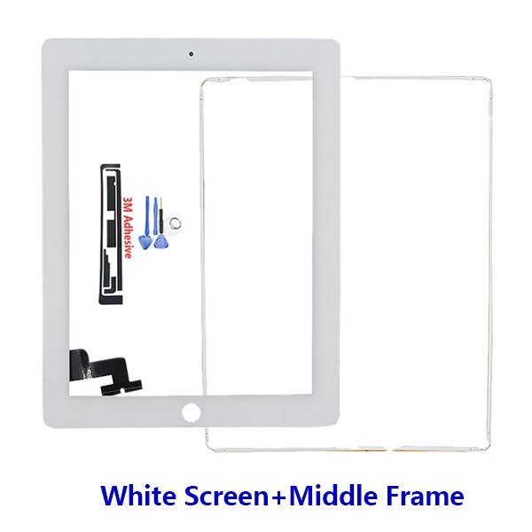 Tablet Touch Screen for iPad2 A1395 A1396 A1397 Digitizer Front Pane Replacement Touchscreen + Tempered Glass Middle Frame: White and Frame