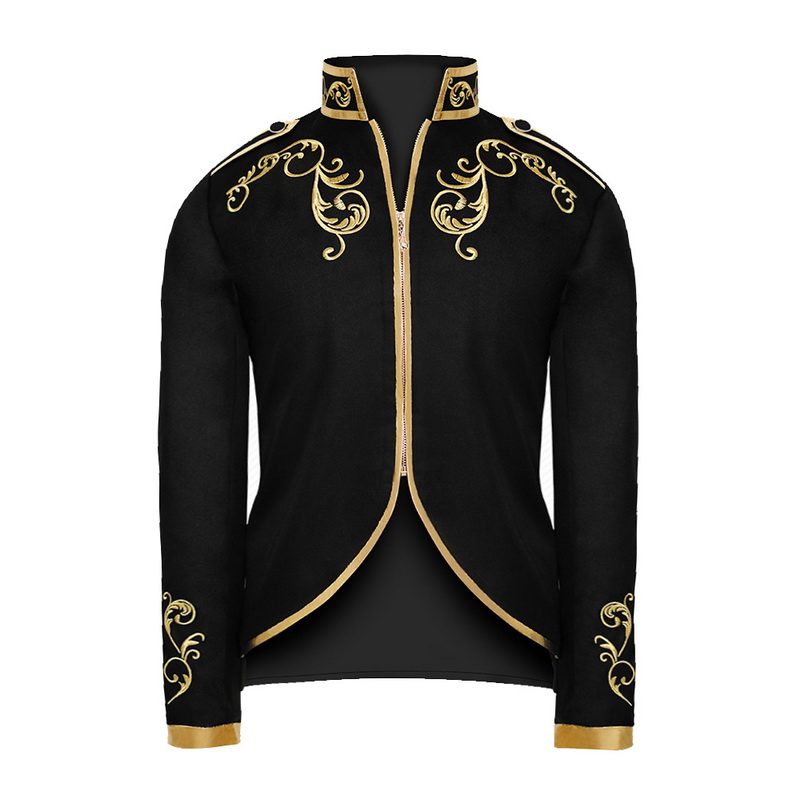 Monerffi prince guld broderi blazer til mænd middelalderlig slim fit jakkesæt krave lynlås jakkesæt frakke mandlige tøj: Sort / Xl
