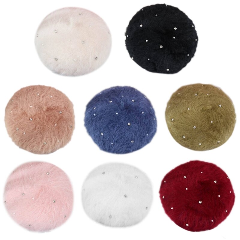 Vrouwen winter zachte pluche baret pet met strass parel kralen schilder muts  j78e
