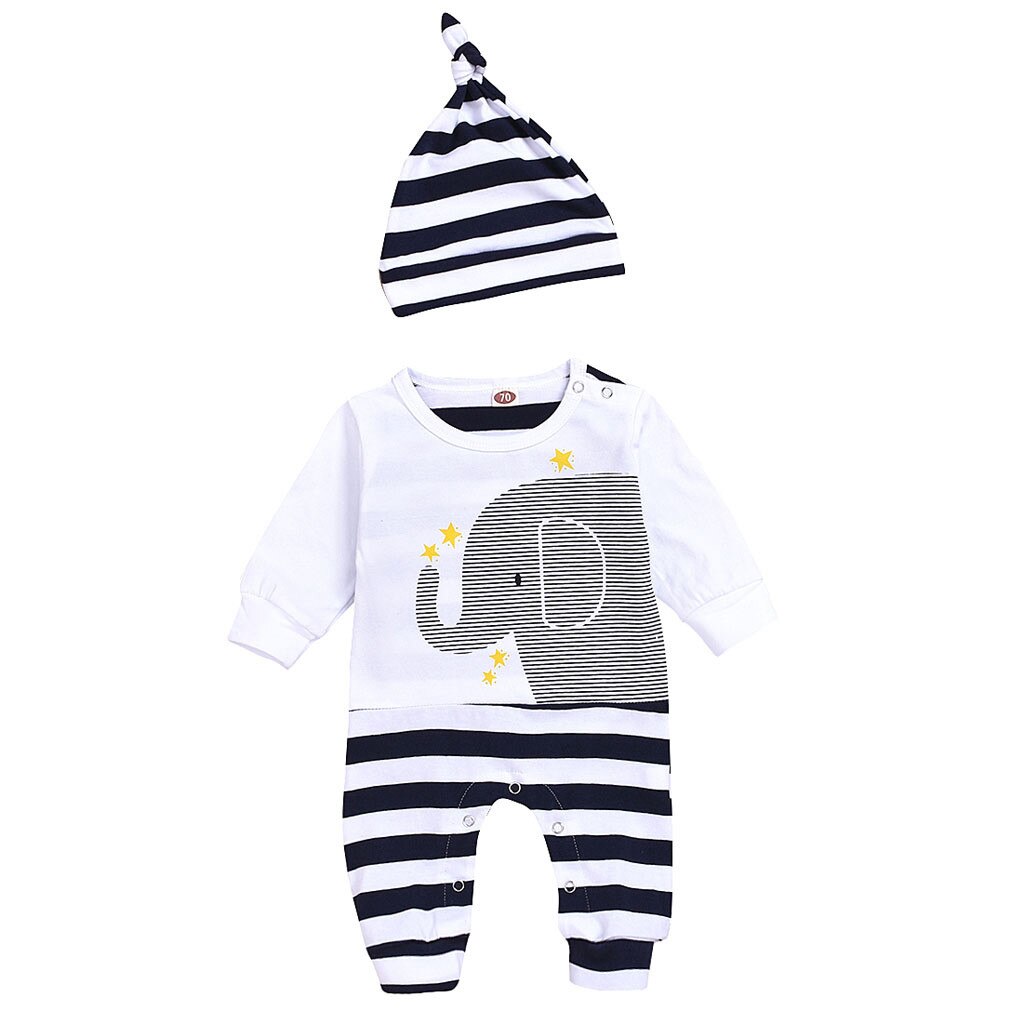 Pasgeboren Baby Gestreepte Patchwork Romper Baby Jongens Meisjes Lange Mouwen Cartoon Olifant Print Jumpsuit + Hoed Комбинезон Для Малышей: 18-24 Months