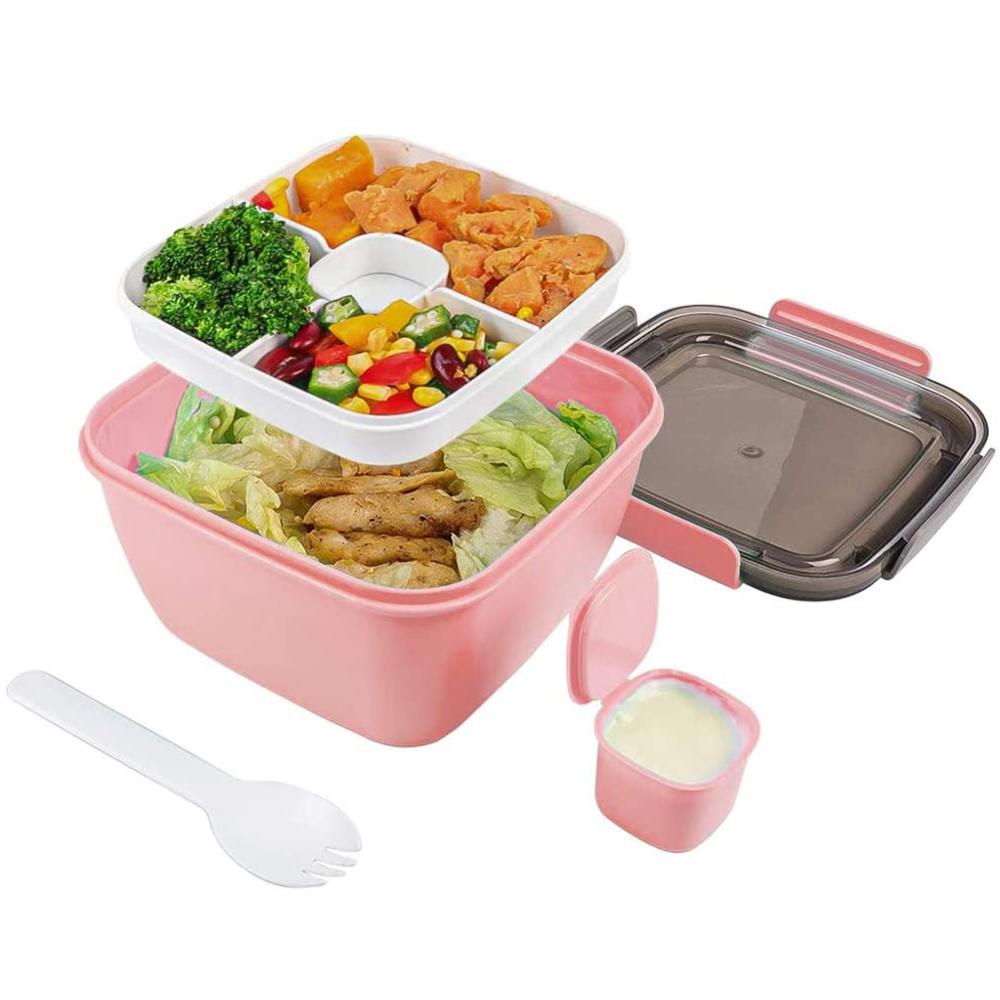 Salade Lunch Container Met Slakom En Vork 3-Compartiment Lunchbox Voor Salade Toppings Snacks Magnetron Veilig: pink