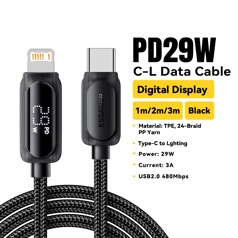 Essager Digital Display Cable USB Type C Cable for iPhone14 13 12 11 Pro Max PD 29W Fast Charging Wire for iPhone Charger Cable: 3m