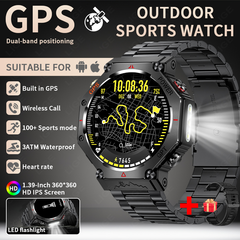 LIGE 2025 Nuova posizione GPS Smartwatch per uomo 530mAh Bluetooth chiamata bussola torcia a LED 3ATM Smartwatch militare impermeabile: Rosso