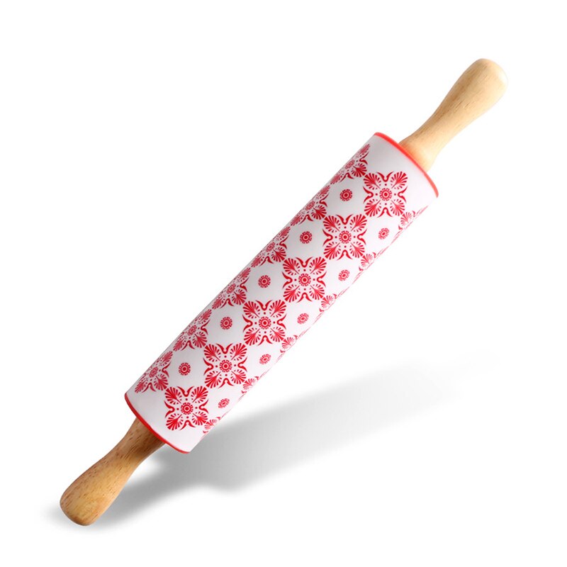 Rodillo de silicona antiadherente con mango de madera, rodillo para masa y harina, utensilios de cocina para hornear, 12 pulgadas,: Rolling Pin Red
