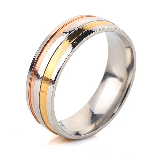 Anillos elegantes de tres colores de tiras, para mujer bandas de boda de 6mm anillo de compromiso joyas con tallas de EUA
