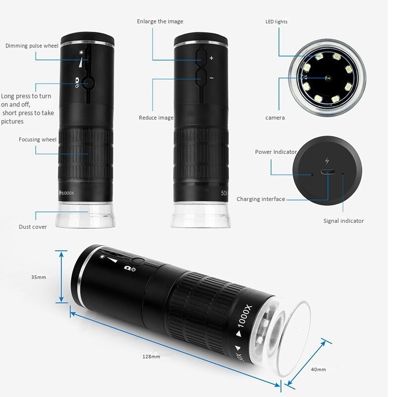 Microscope 2MP Digital Microscope 1000X Zoom WiFi Microscope with 8 Adjustable LED Lights for Smartphones and Tablets