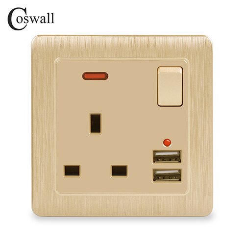 Coswall Wall Power Socket 13A UK Standard Switched Outlet 2.1A Dual USB Fast Charger Port LED indicator Gold Brushed Panel: Default Title