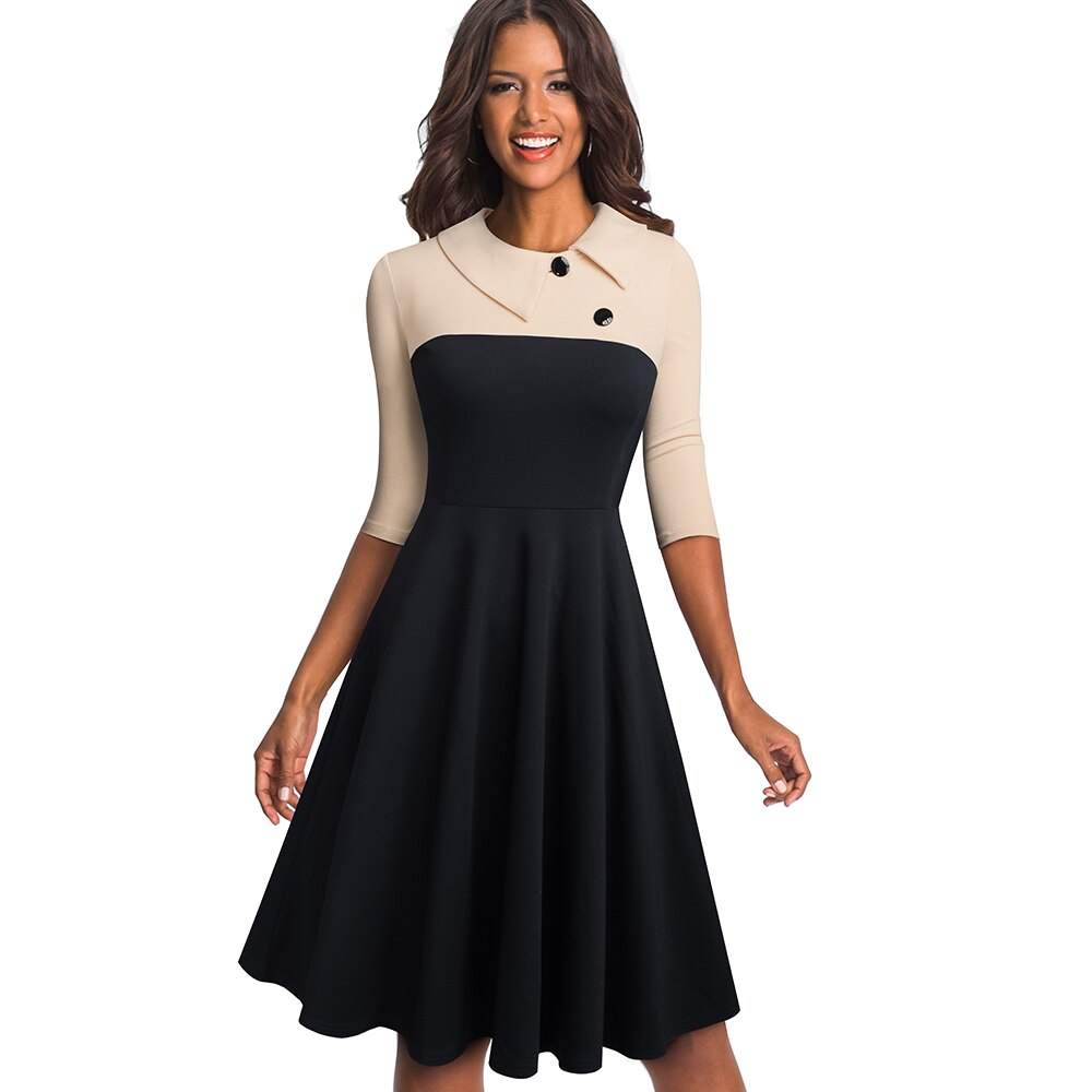 French Retro Solid Casual Women Vintage Dresses Cocktail Party Flare Swing Office OL 50S 60S Rockabilly Sundress Robe Femme