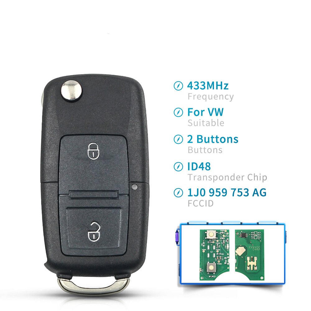 KEYYOU-mando a distancia con 2 botones para coche, 433MHz, 1J0 959 753 AG, funda con tapa para VW VolksWagen Beetle Bora Golf Passat Polo ID48 Chip: Remote Key