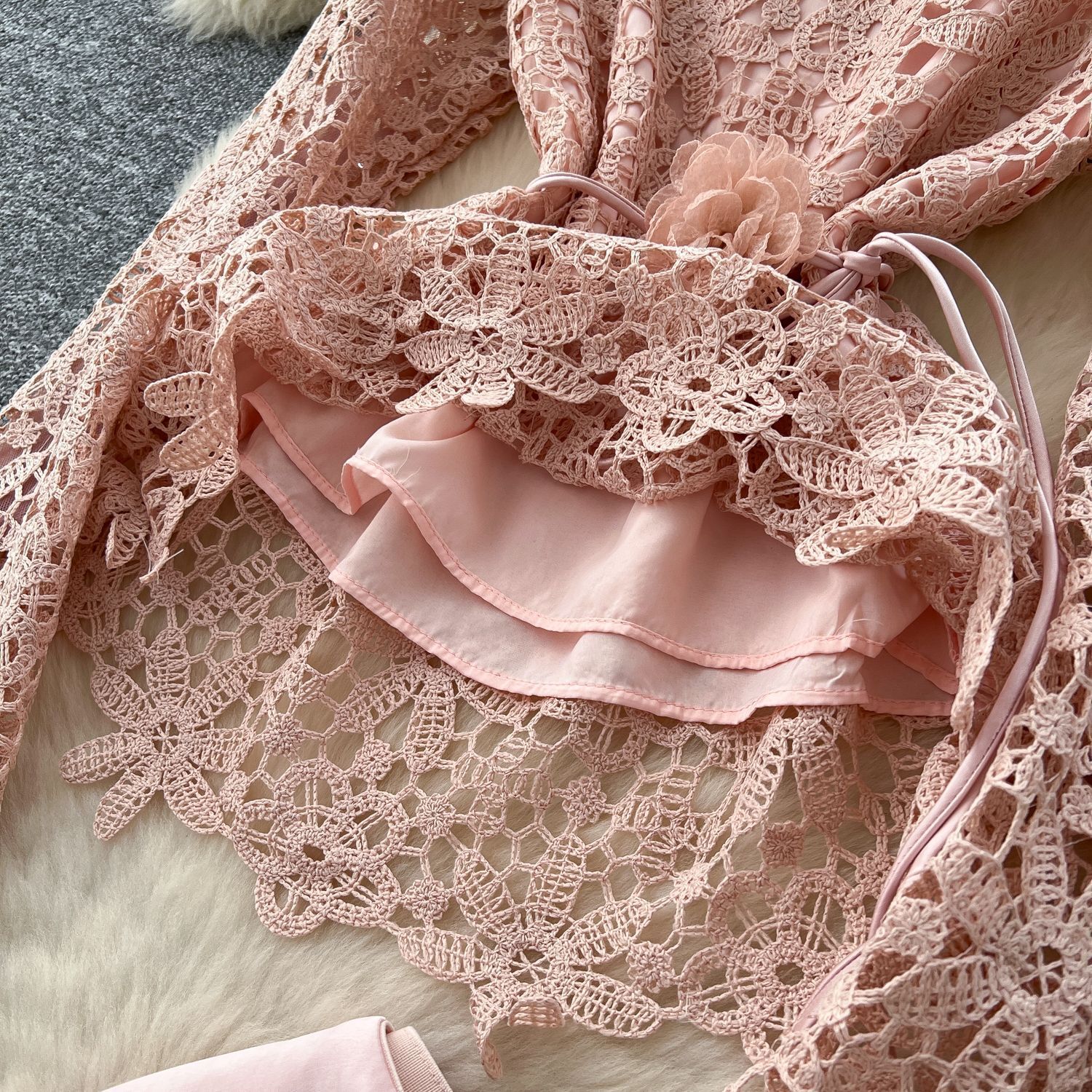 Kesäinen pitkä mekko, naisten ontto kirjonta, pitsipuserot, midi-satiinihameet, 2 kpl asuja, pinkki, toimistonaisten työmekot