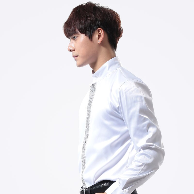 Tops de manga larga con lentejuelas para hombre, para discoteca, Bar, Jazz, baile latino, camisa blanca para hombre, trajes de escenario para cantantes DNV10069