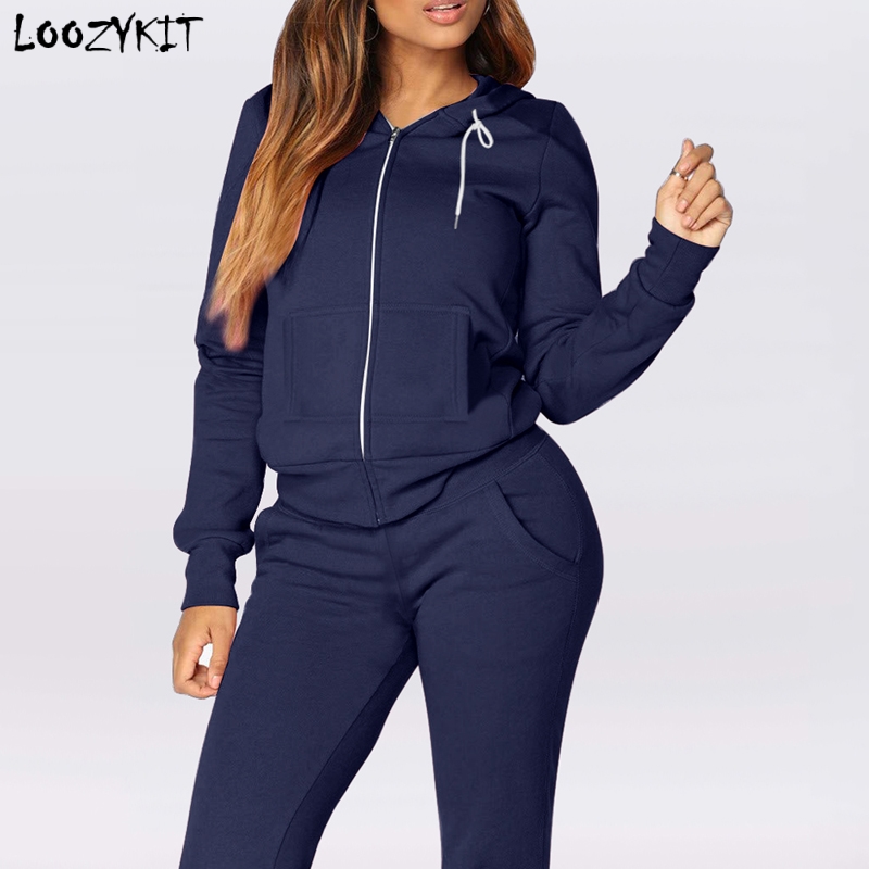 Loozykit Vrouwen Sportwear Set Effen Kleur Trainingspak Sweatshirts Fleece Joggers 2 stuk Running Set Dikke En Dunne Herfst Winter