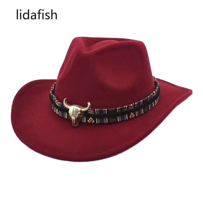Lidasfish-Sombrero de vaquero occidental de ala ancha con banda para la Cabeza de Vaca, sombreros de Jazz de fieltro para hombre y mujer, gorra de Panamá negra, Otoño e Invierno