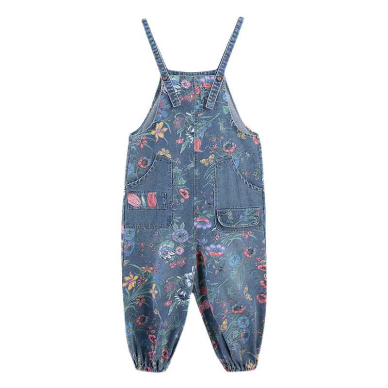 Streetwear-tryck blommiga denimoveraller för kvinnor dungarees axelband baggy sparkbyxor lösa jeans med vida ben jumpsuit