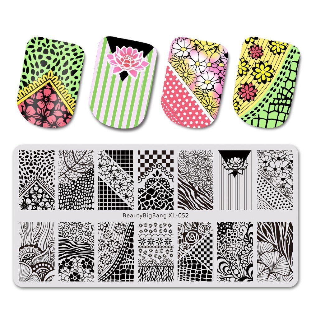 Beautybigbang Nail Art Stamping Plate Stainless Steel 12cm Butterfly Flower Plaid Bird Image Nail Stamping Template Mold XL-042: XL-052