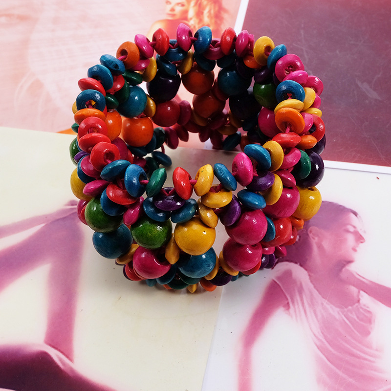 Pulsera elástica de cuentas de madera multicolor, joyería Bohemia para mujeres y niñas, accesorios para niños