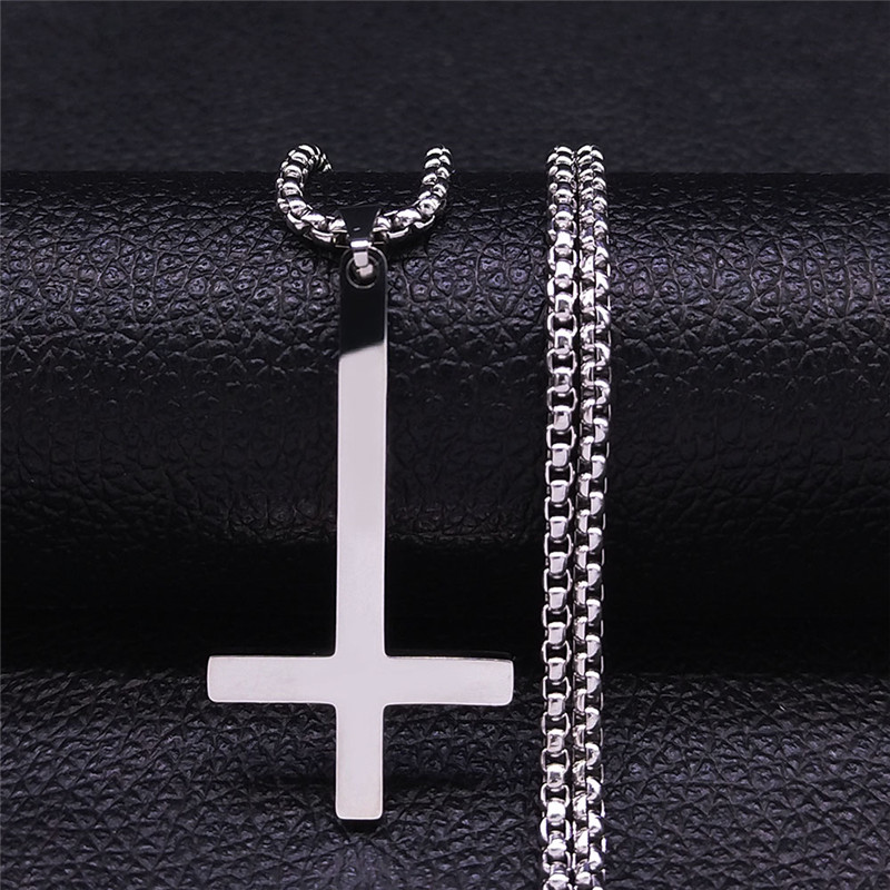 Collar con cruz al revés de acero inoxidable pagano de brujería, collar con cruz invertida para mujeres/hombres, joyería collier N8373S02