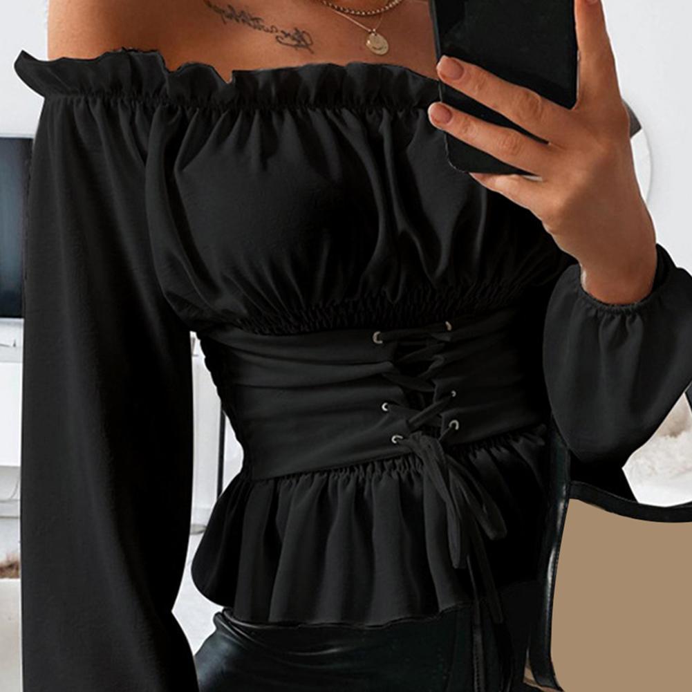 Kvinnor skjortjacka kappa höst casual enfärgad långärmad volang nederkant off shoulder toppblus