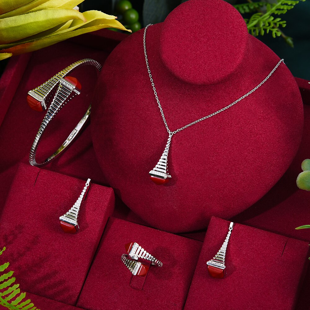 GODKI nowa sława marka 4 sztuk Waterdrop zestawy biżuterii dla kobiet Wedding Party Cubic cyrkon wysokiej klasy Craft Dubai zestaw biżuterii ślubnej: 4PC silver red set