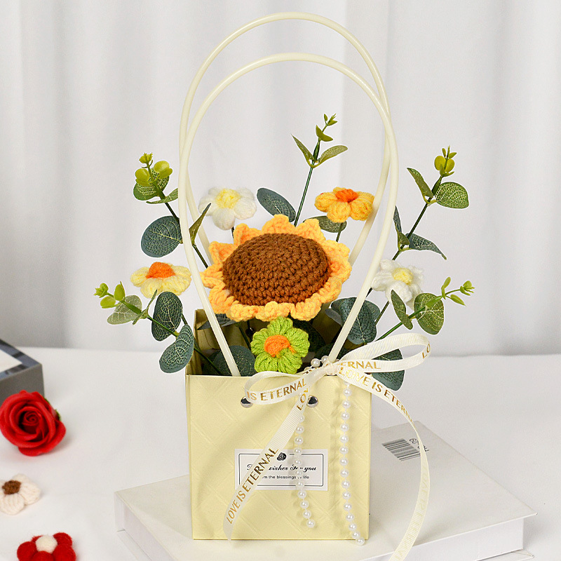 stijl gehaakte zonnebloemen rozen anjer pluche planten afgewerkt gebreide handtas boeketten Valentijn verjaardag afstudeercadeaus