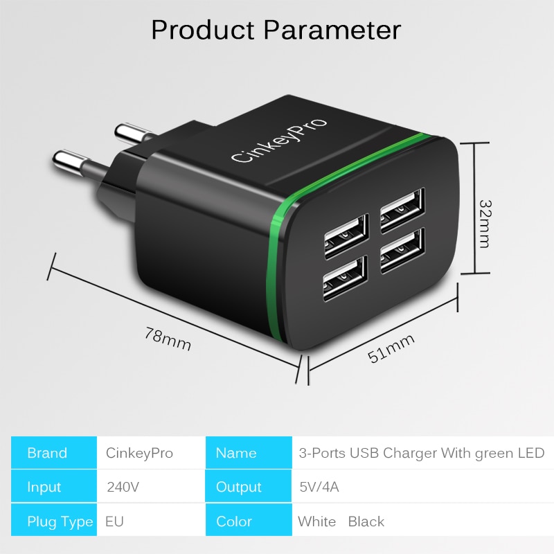 CinkeyPro 4 Ports USB Charger 5V/4A Smart Wall Adapter Mobile Phone Charging Data Device For iPhone iPad EU Plug