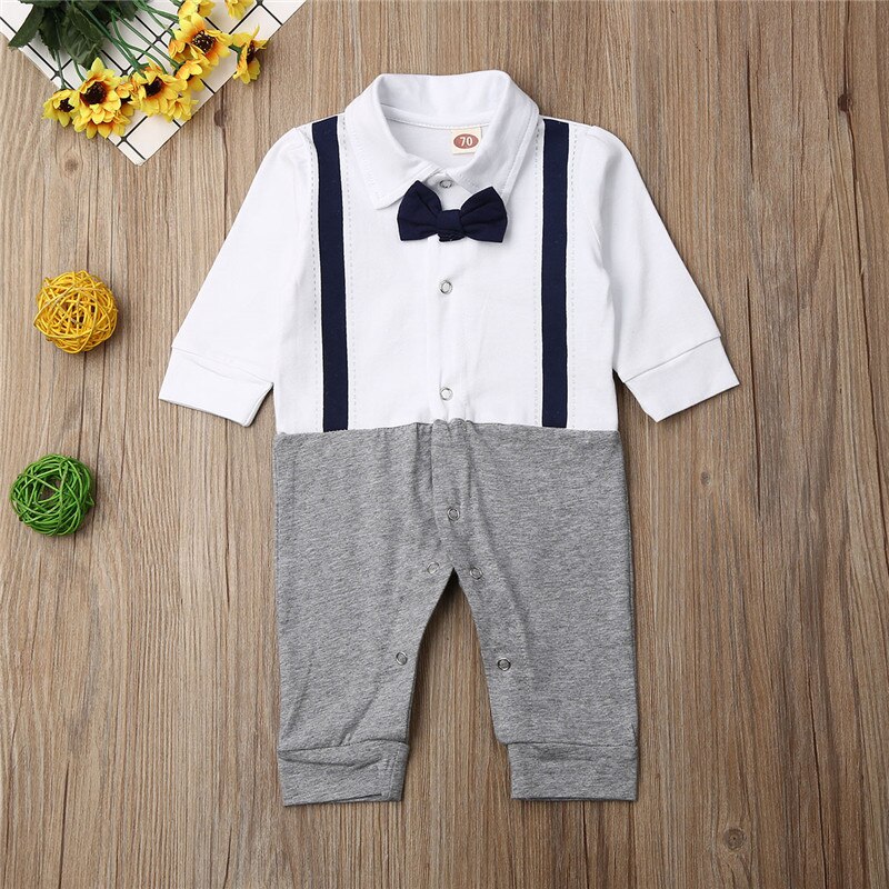 Kids Baby Jongens Gentleman Kleding Lange Mouw Knop Katoen Strik Jumpsuit Romper Herfst Outfits 0-24M: Grijs / 6m